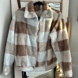 SHEIN Gingham Zip Up Flannel Teddy Jacket